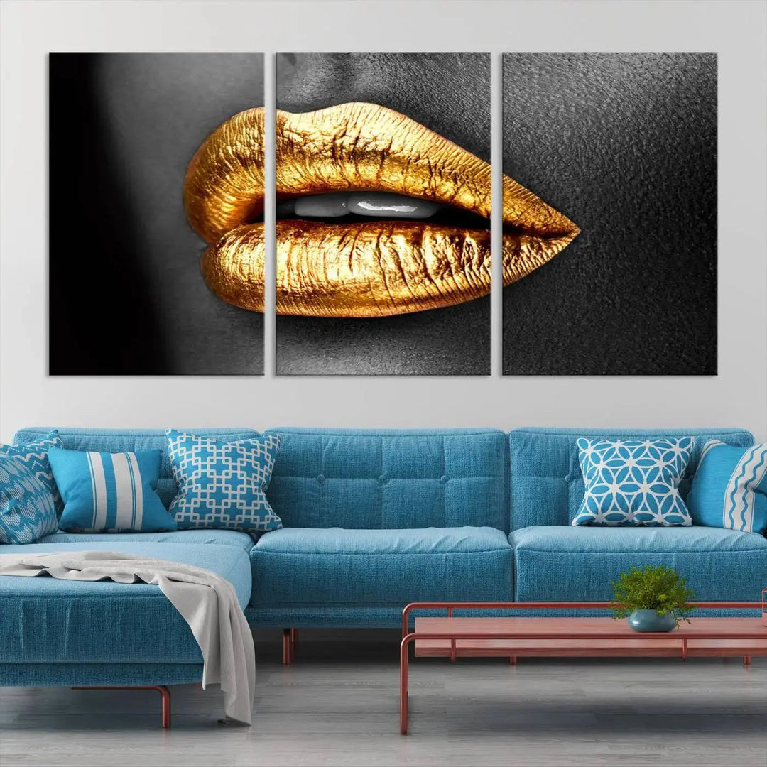 Immerse yourself in fashion-forward design with this stunning Gold Lips Canvas Wall Art Print. Perfectly positioned above a modern living room, it creates a chic and sophisticated oasis.