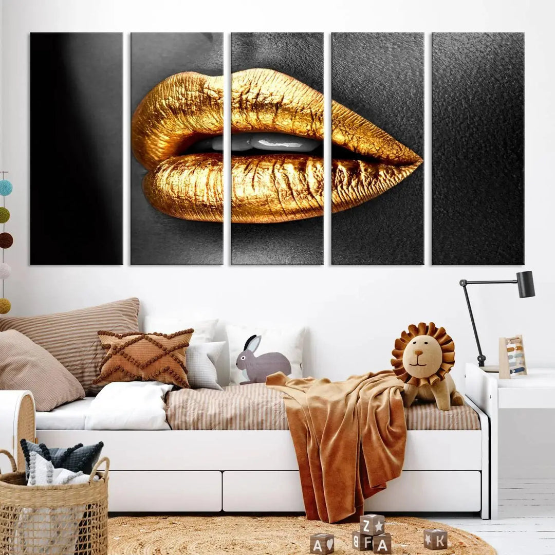 Immerse yourself in fashion-forward design with this stunning Gold Lips Canvas Wall Art Print. Perfectly positioned above a modern living room, it creates a chic and sophisticated oasis.