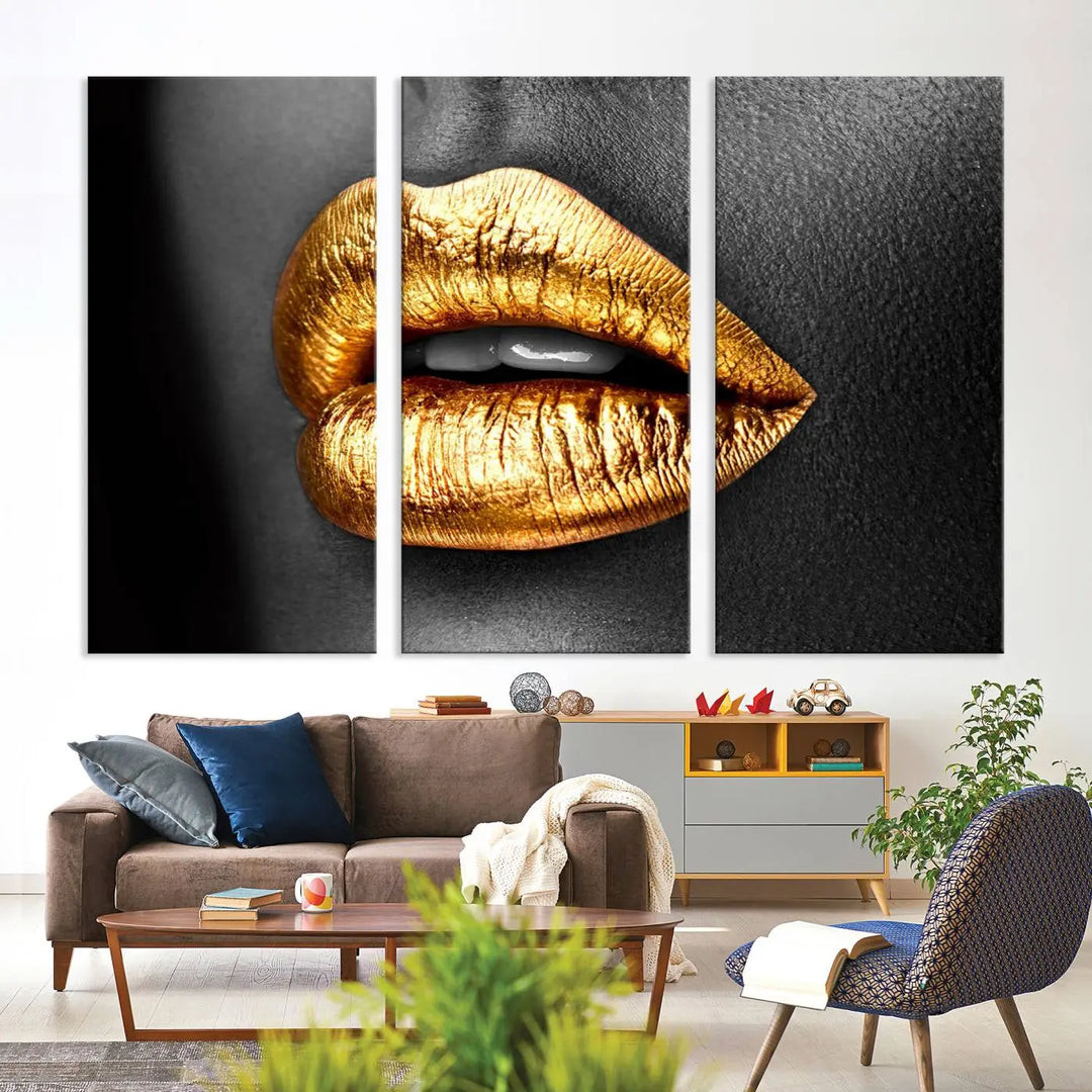 Immerse yourself in fashion-forward design with this stunning Gold Lips Canvas Wall Art Print. Perfectly positioned above a modern living room, it creates a chic and sophisticated oasis.