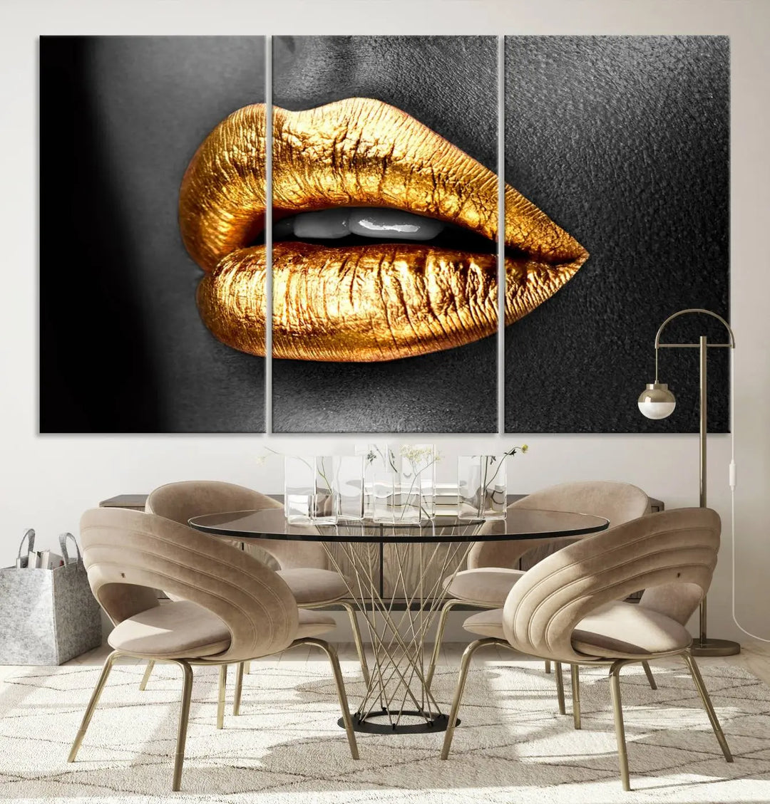 Immerse yourself in fashion-forward design with this stunning Gold Lips Canvas Wall Art Print. Perfectly positioned above a modern living room, it creates a chic and sophisticated oasis.