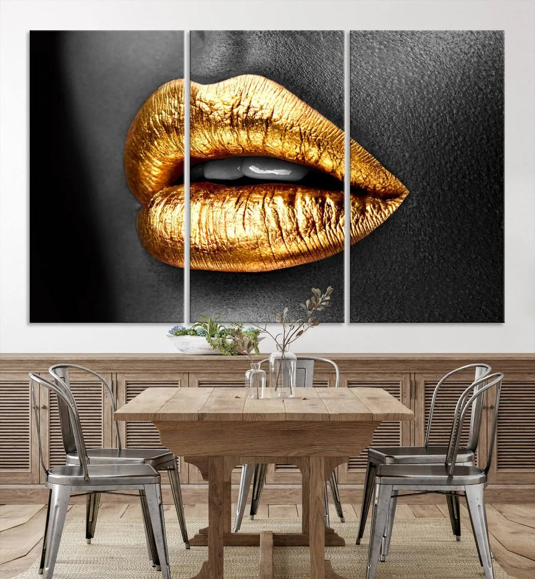 Immerse yourself in fashion-forward design with this stunning Gold Lips Canvas Wall Art Print. Perfectly positioned above a modern living room, it creates a chic and sophisticated oasis.