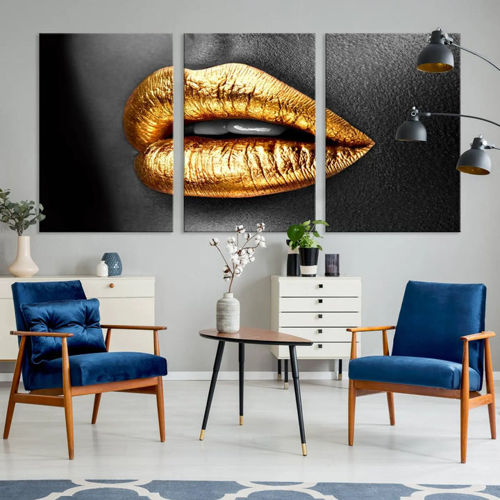 Immerse yourself in fashion-forward design with this stunning Gold Lips Canvas Wall Art Print. Perfectly positioned above a modern living room, it creates a chic and sophisticated oasis.