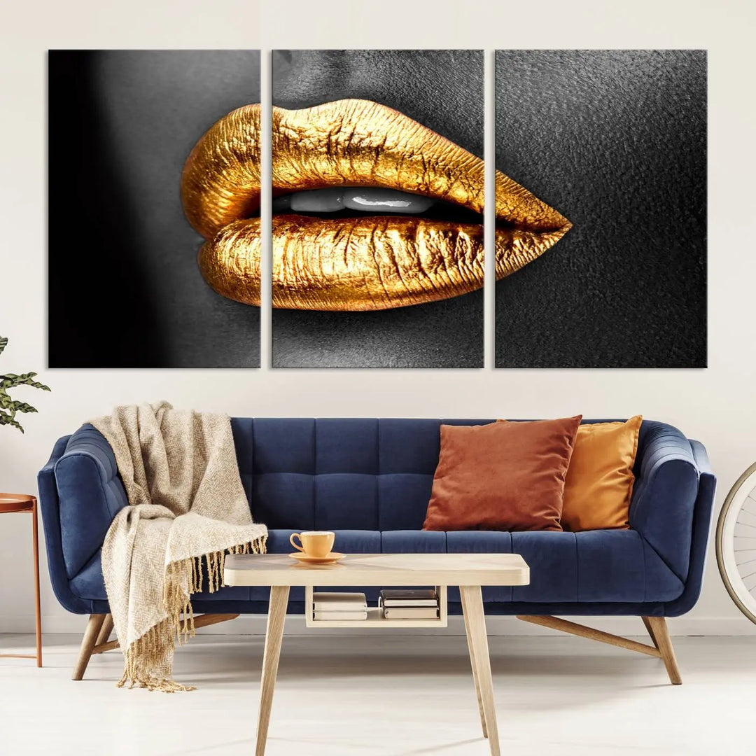 Immerse yourself in fashion-forward design with this stunning Gold Lips Canvas Wall Art Print. Perfectly positioned above a modern living room, it creates a chic and sophisticated oasis.