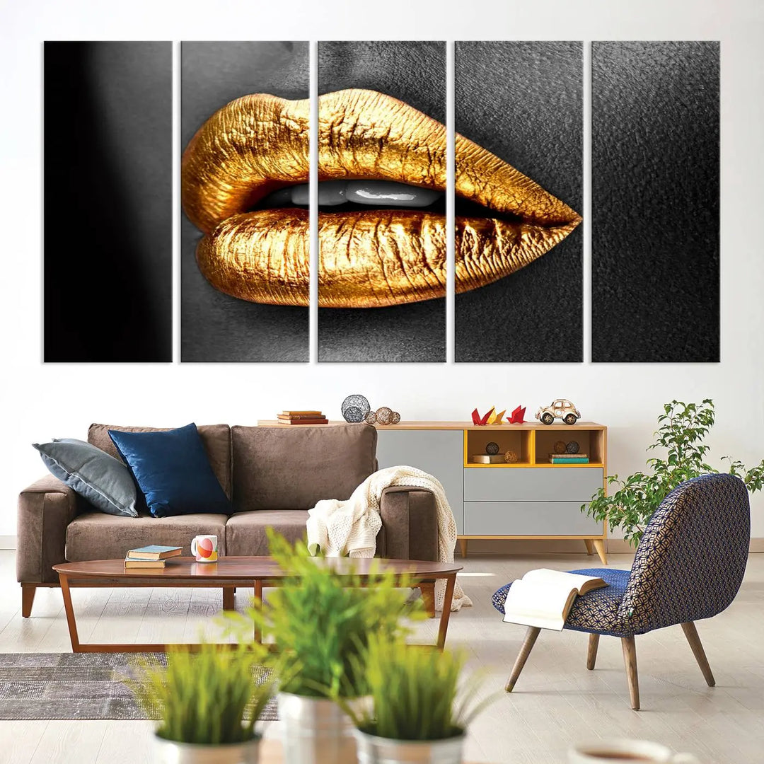 Immerse yourself in fashion-forward design with this stunning Gold Lips Canvas Wall Art Print. Perfectly positioned above a modern living room, it creates a chic and sophisticated oasis.