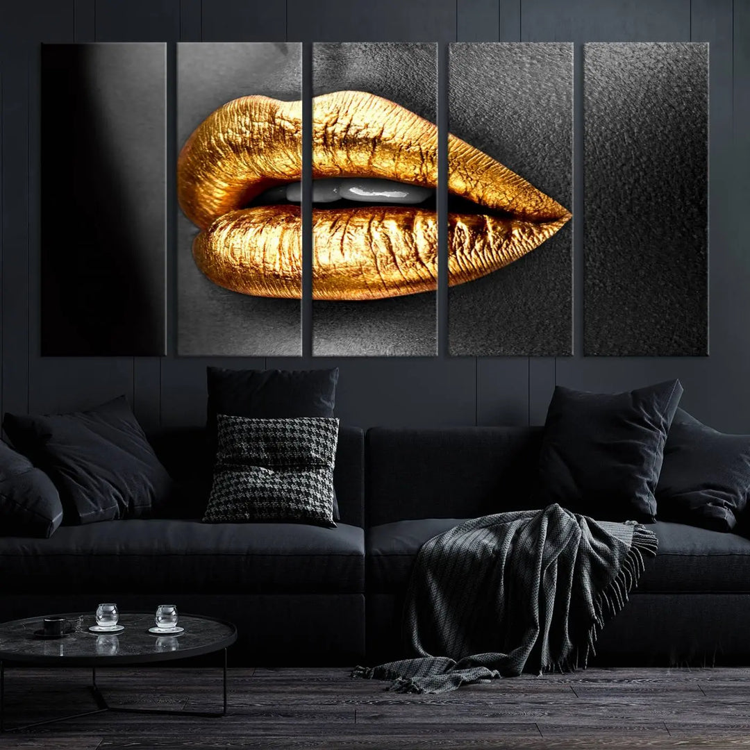 Immerse yourself in fashion-forward design with this stunning Gold Lips Canvas Wall Art Print. Perfectly positioned above a modern living room, it creates a chic and sophisticated oasis.