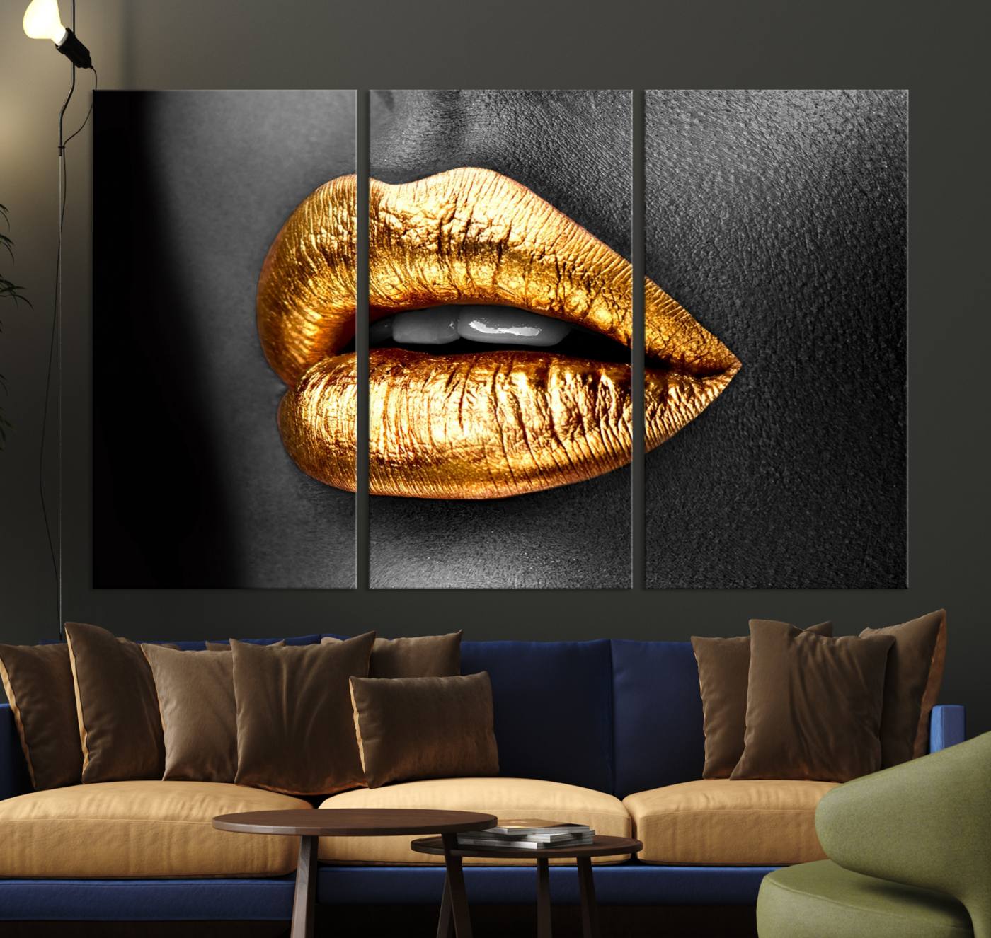 84747-MGV-CV-36X24-Gold Lips Canvas Wall Art Print Makeup Wall Art Fashion Beauty Canvas Print