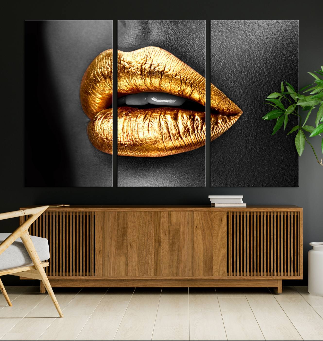 84747-MGV-CV-36X24-Gold Lips Canvas Wall Art Print Makeup Wall Art Fashion Beauty Canvas Print