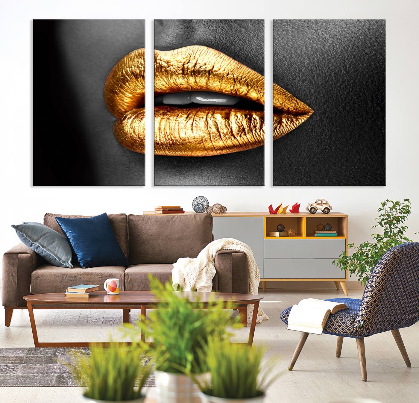 84747-MGV-CV-36X24-Gold Lips Canvas Wall Art Print Makeup Wall Art Fashion Beauty Canvas Print