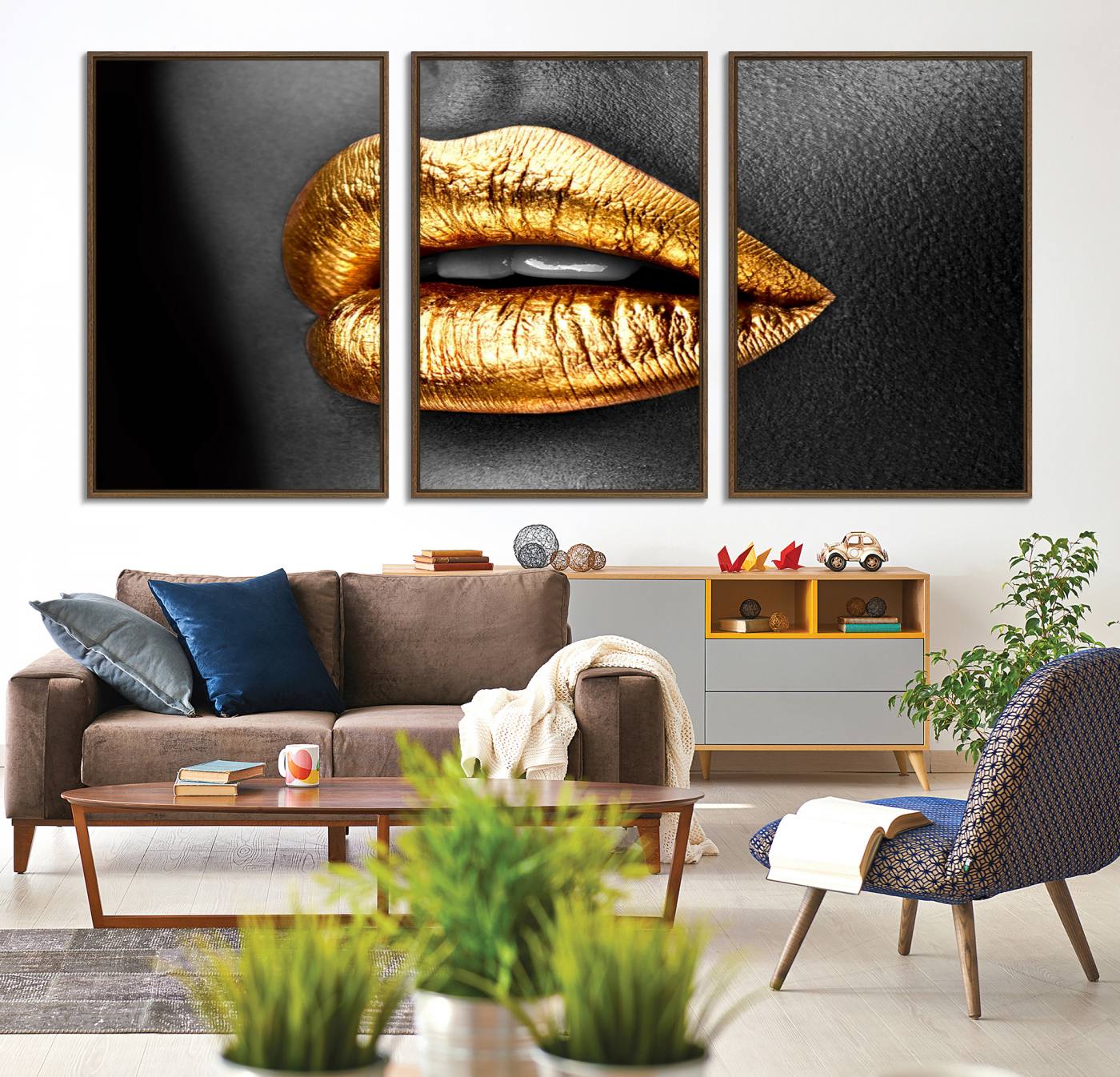 84747-MGV-CV-36X24-Gold Lips Canvas Wall Art Print Makeup Wall Art Fashion Beauty Canvas Print
