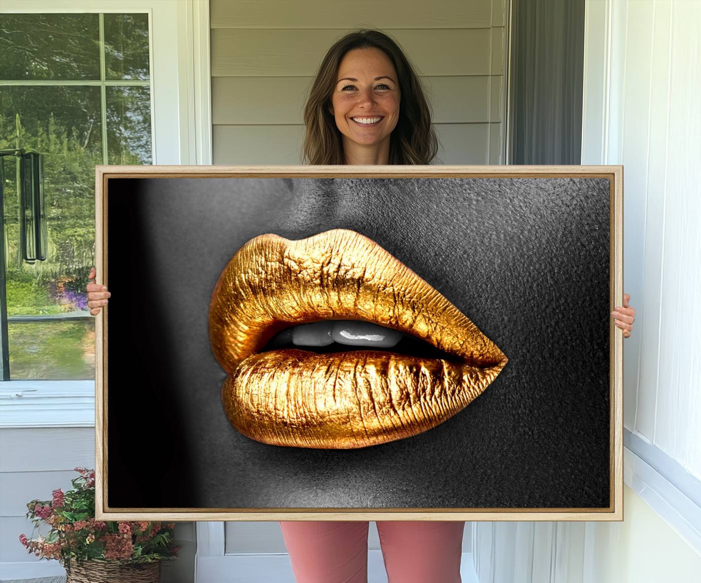 84747-MGV-CV-36X24-Gold Lips Canvas Wall Art Print Makeup Wall Art Fashion Beauty Canvas Print