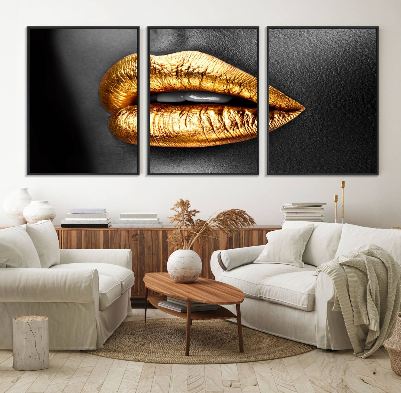 84747-MGV-FC-60X30-3P_Black-Gold Lips Canvas Wall Art Print Makeup Wall Art Fashion Beauty Canvas Print
