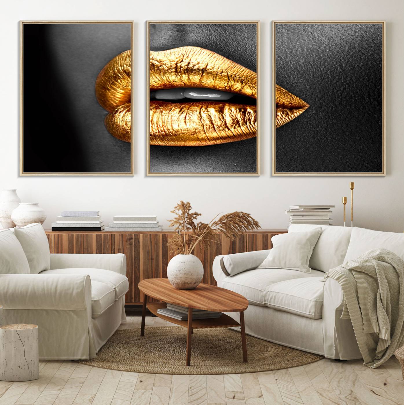 84747-MGV-FC-60X30-3P_Natural-Gold Lips Canvas Wall Art Print Makeup Wall Art Fashion Beauty Canvas Print