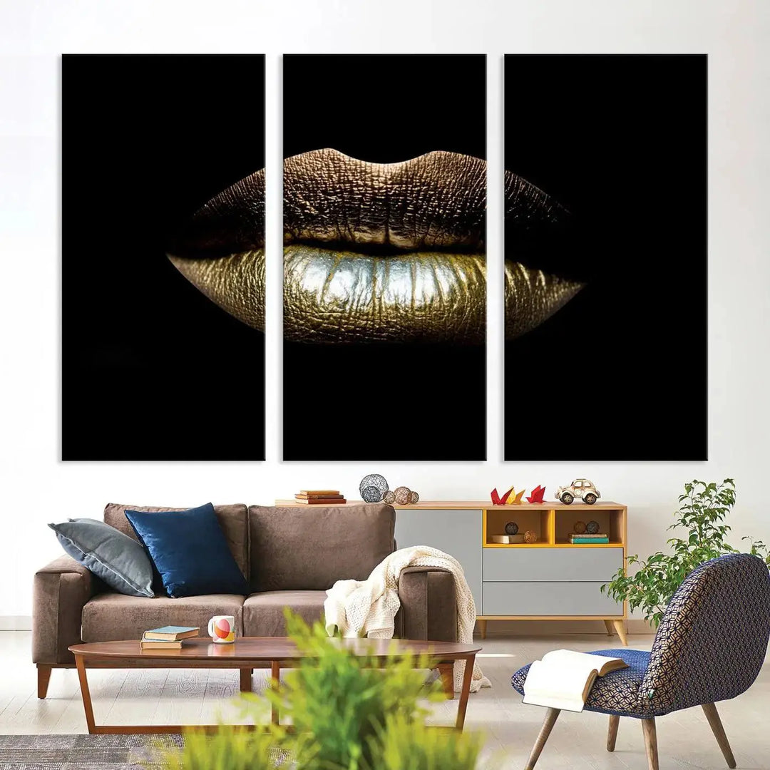 The contemporary living room is enhanced by the eye-catching Gold Lips Makeup Canvas Wall Art Fashion Beauty Canvas Print, presented in three panels.