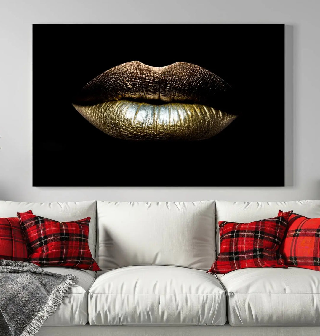 The contemporary living room is enhanced by the eye-catching Gold Lips Makeup Canvas Wall Art Fashion Beauty Canvas Print, presented in three panels.