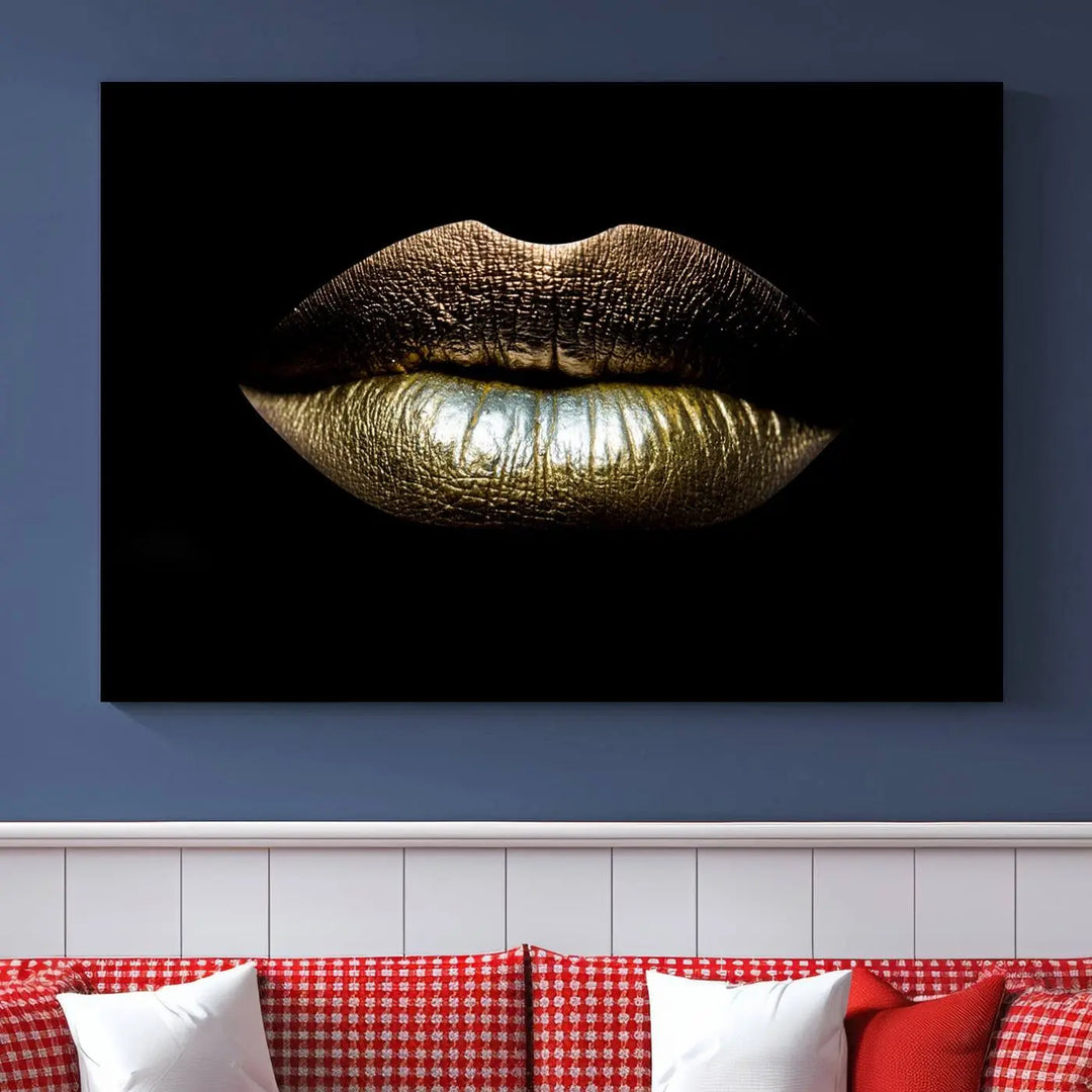 The contemporary living room is enhanced by the eye-catching Gold Lips Makeup Canvas Wall Art Fashion Beauty Canvas Print, presented in three panels.