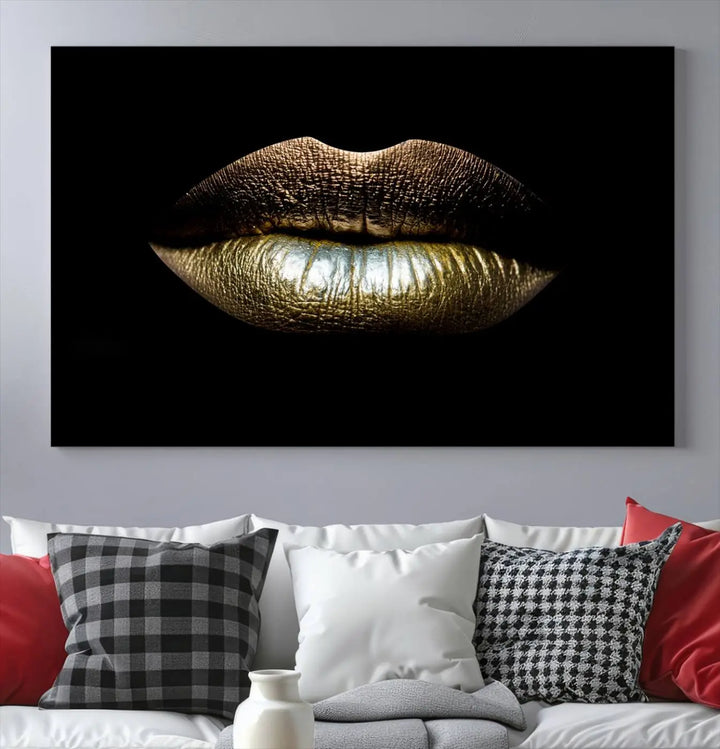 The contemporary living room is enhanced by the eye-catching Gold Lips Makeup Canvas Wall Art Fashion Beauty Canvas Print, presented in three panels.