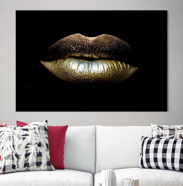 The contemporary living room is enhanced by the eye-catching Gold Lips Makeup Canvas Wall Art Fashion Beauty Canvas Print, presented in three panels.