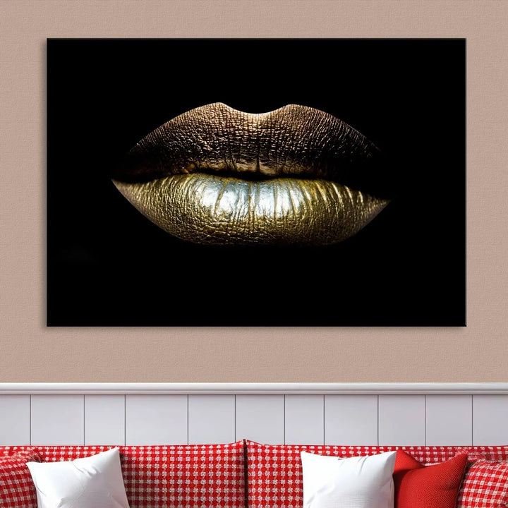 The contemporary living room is enhanced by the eye-catching Gold Lips Makeup Canvas Wall Art Fashion Beauty Canvas Print, presented in three panels.