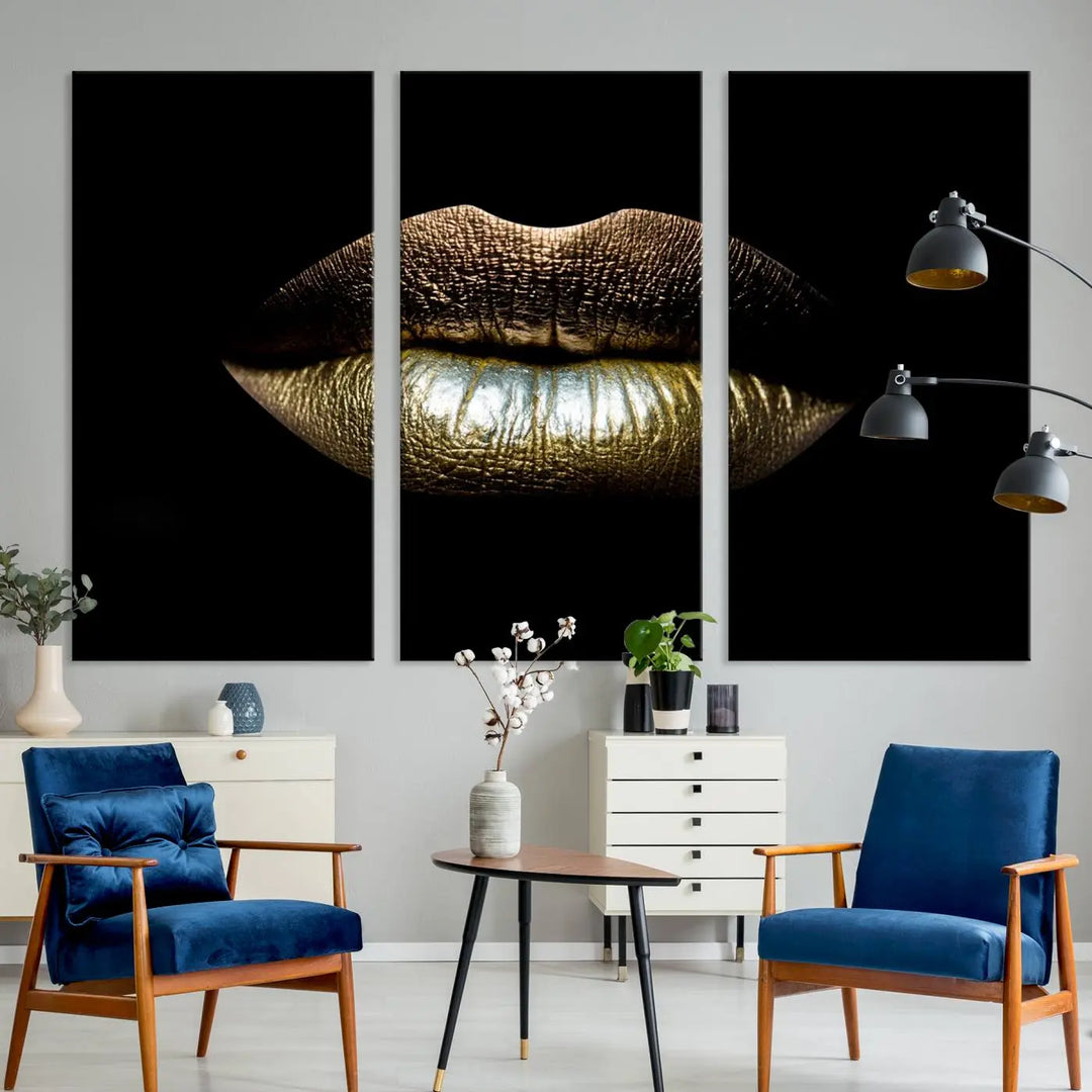 The contemporary living room is enhanced by the eye-catching Gold Lips Makeup Canvas Wall Art Fashion Beauty Canvas Print, presented in three panels.