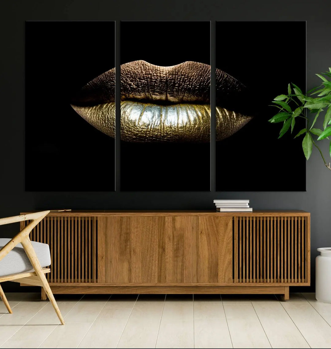 The contemporary living room is enhanced by the eye-catching Gold Lips Makeup Canvas Wall Art Fashion Beauty Canvas Print, presented in three panels.