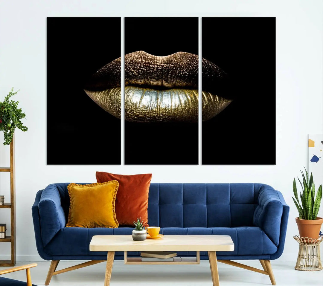 The contemporary living room is enhanced by the eye-catching Gold Lips Makeup Canvas Wall Art Fashion Beauty Canvas Print, presented in three panels.