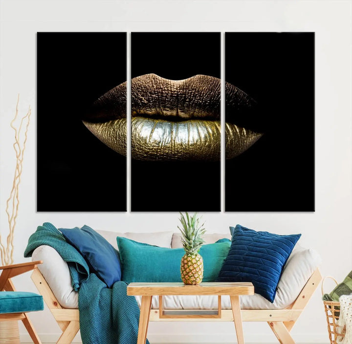 The contemporary living room is enhanced by the eye-catching Gold Lips Makeup Canvas Wall Art Fashion Beauty Canvas Print, presented in three panels.