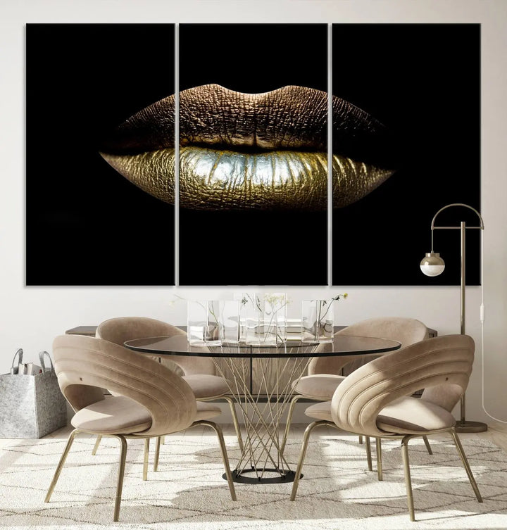 The contemporary living room is enhanced by the eye-catching Gold Lips Makeup Canvas Wall Art Fashion Beauty Canvas Print, presented in three panels.