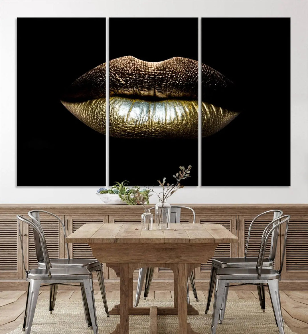 The contemporary living room is enhanced by the eye-catching Gold Lips Makeup Canvas Wall Art Fashion Beauty Canvas Print, presented in three panels.