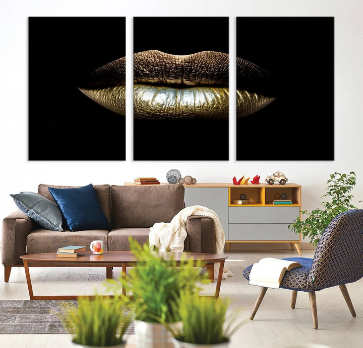 The contemporary living room is enhanced by the eye-catching Gold Lips Makeup Canvas Wall Art Fashion Beauty Canvas Print, presented in three panels.