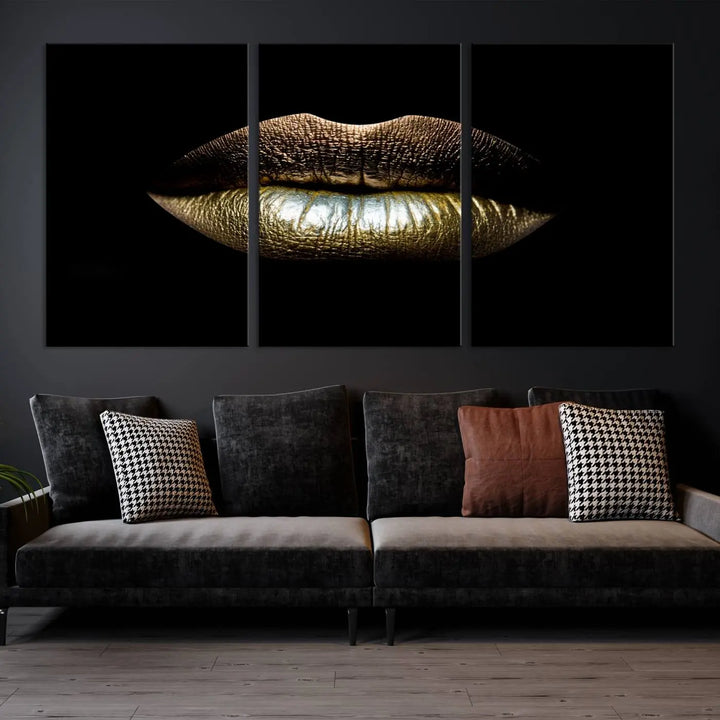 The contemporary living room is enhanced by the eye-catching Gold Lips Makeup Canvas Wall Art Fashion Beauty Canvas Print, presented in three panels.