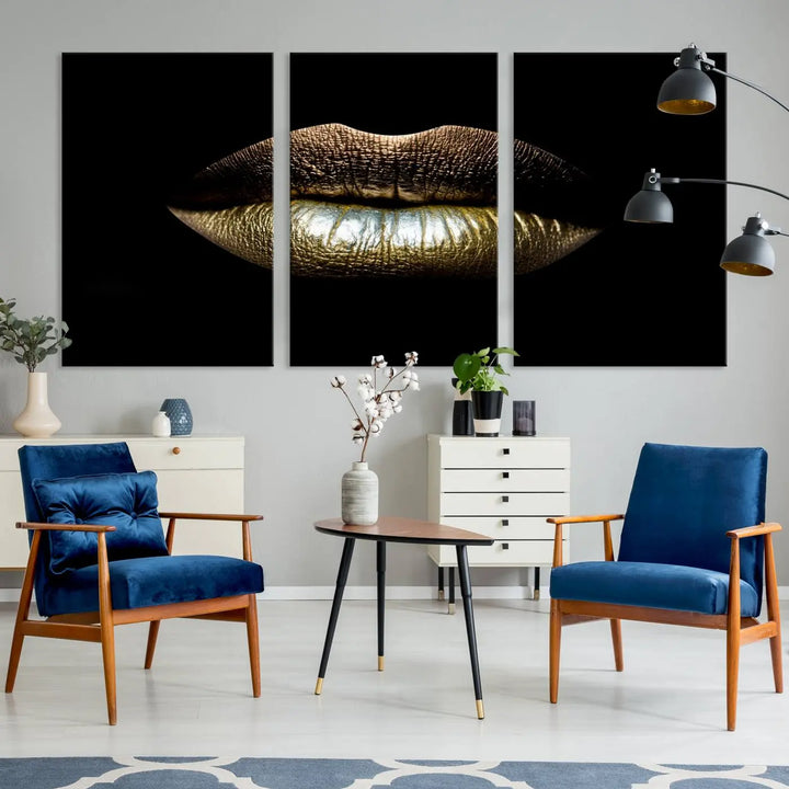 The contemporary living room is enhanced by the eye-catching Gold Lips Makeup Canvas Wall Art Fashion Beauty Canvas Print, presented in three panels.