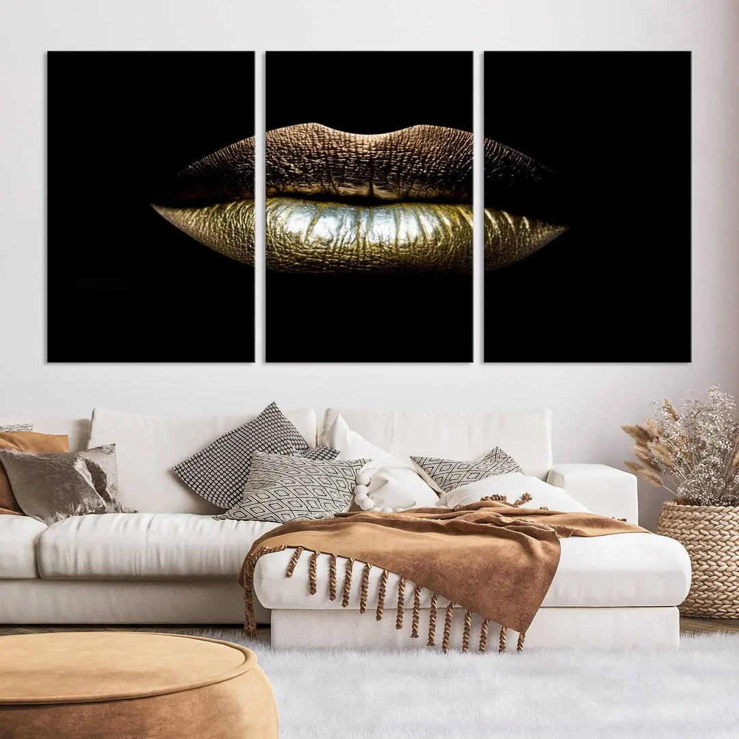 The contemporary living room is enhanced by the eye-catching Gold Lips Makeup Canvas Wall Art Fashion Beauty Canvas Print, presented in three panels.