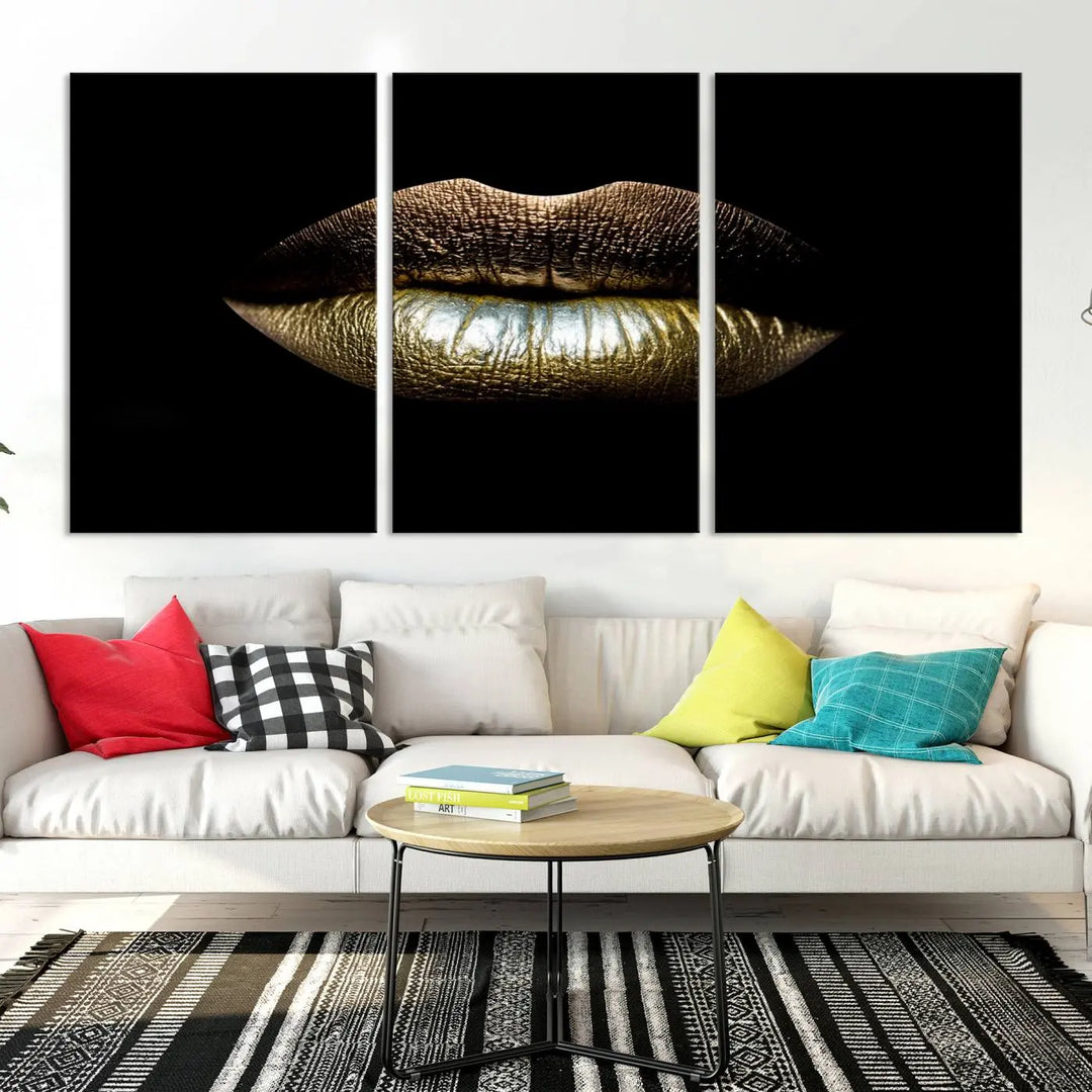 The contemporary living room is enhanced by the eye-catching Gold Lips Makeup Canvas Wall Art Fashion Beauty Canvas Print, presented in three panels.