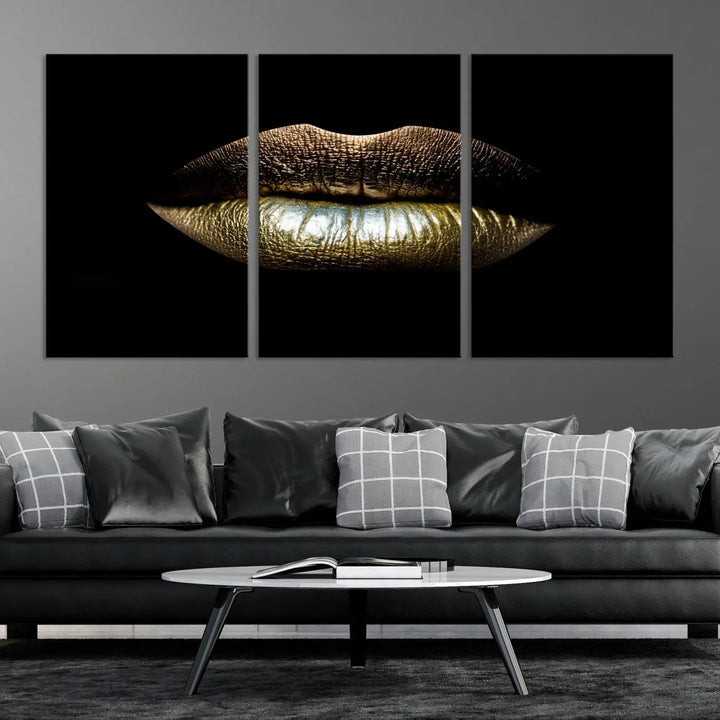 The contemporary living room is enhanced by the eye-catching Gold Lips Makeup Canvas Wall Art Fashion Beauty Canvas Print, presented in three panels.