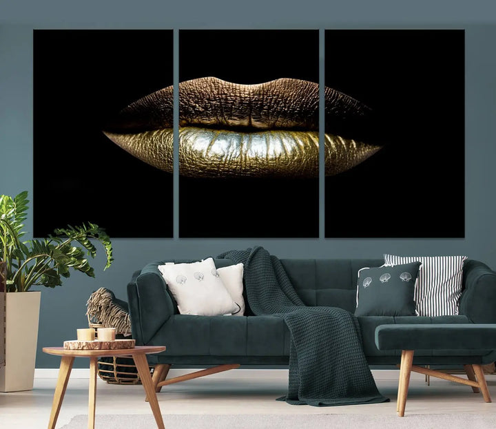 The contemporary living room is enhanced by the eye-catching Gold Lips Makeup Canvas Wall Art Fashion Beauty Canvas Print, presented in three panels.