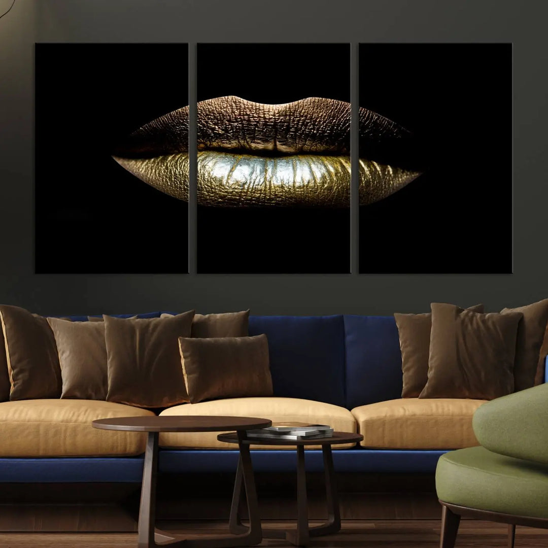 The contemporary living room is enhanced by the eye-catching Gold Lips Makeup Canvas Wall Art Fashion Beauty Canvas Print, presented in three panels.