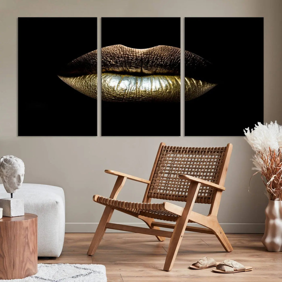 The contemporary living room is enhanced by the eye-catching Gold Lips Makeup Canvas Wall Art Fashion Beauty Canvas Print, presented in three panels.