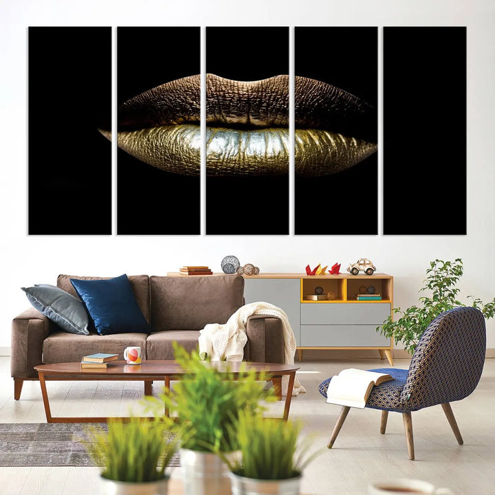 The contemporary living room is enhanced by the eye-catching Gold Lips Makeup Canvas Wall Art Fashion Beauty Canvas Print, presented in three panels.