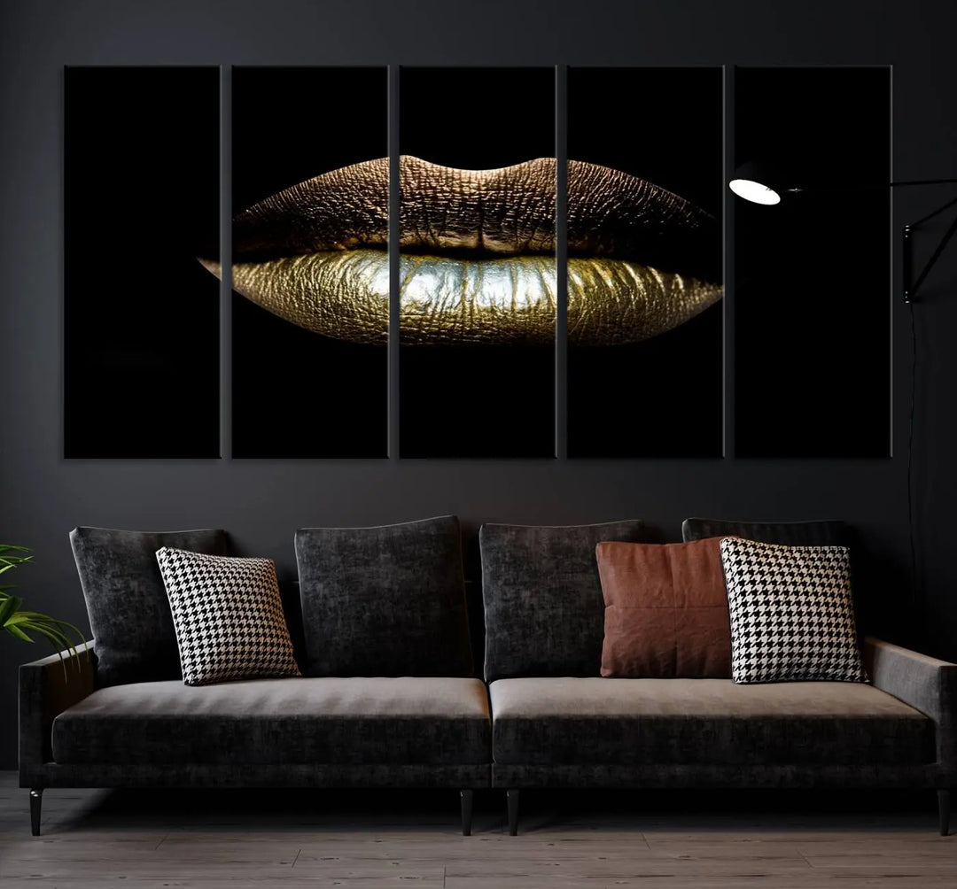 The contemporary living room is enhanced by the eye-catching Gold Lips Makeup Canvas Wall Art Fashion Beauty Canvas Print, presented in three panels.