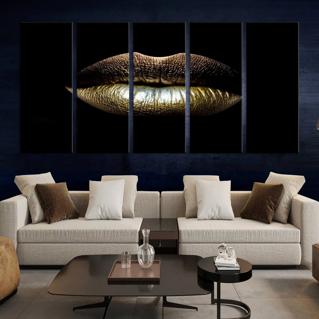 The contemporary living room is enhanced by the eye-catching Gold Lips Makeup Canvas Wall Art Fashion Beauty Canvas Print, presented in three panels.