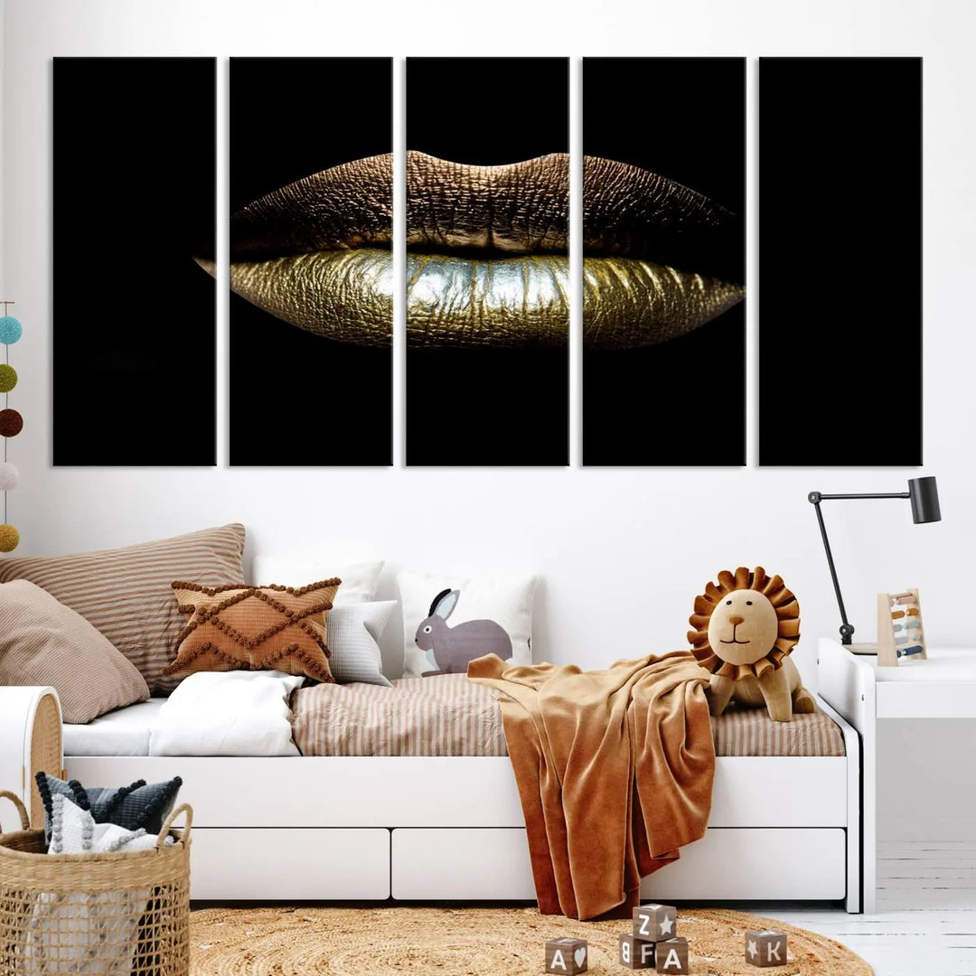 The contemporary living room is enhanced by the eye-catching Gold Lips Makeup Canvas Wall Art Fashion Beauty Canvas Print, presented in three panels.