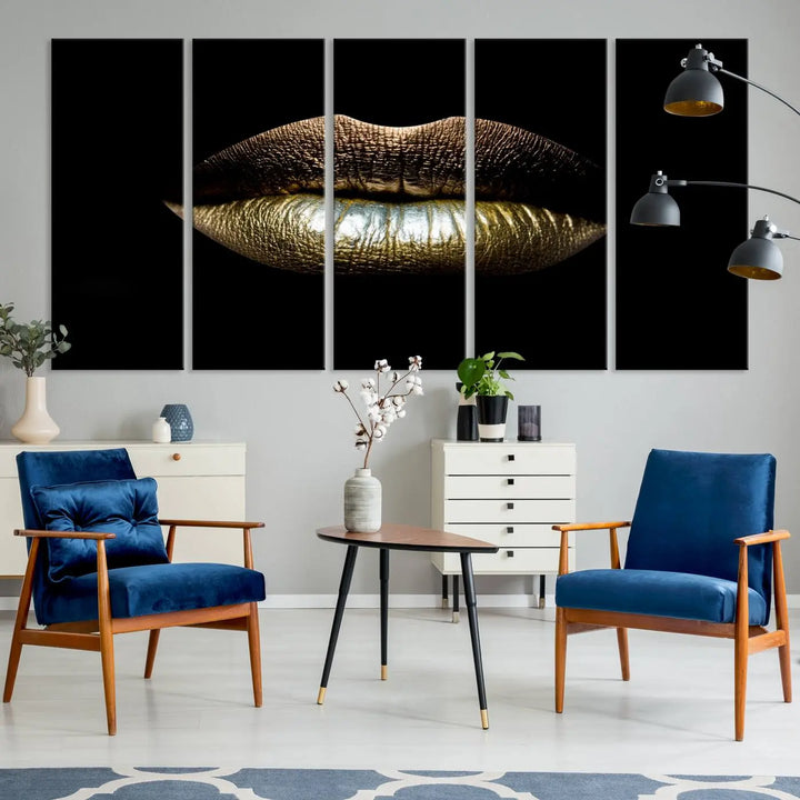 The contemporary living room is enhanced by the eye-catching Gold Lips Makeup Canvas Wall Art Fashion Beauty Canvas Print, presented in three panels.