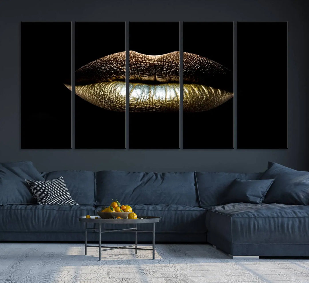 The contemporary living room is enhanced by the eye-catching Gold Lips Makeup Canvas Wall Art Fashion Beauty Canvas Print, presented in three panels.