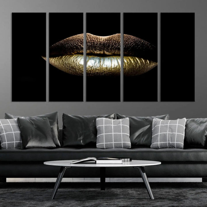 The contemporary living room is enhanced by the eye-catching Gold Lips Makeup Canvas Wall Art Fashion Beauty Canvas Print, presented in three panels.