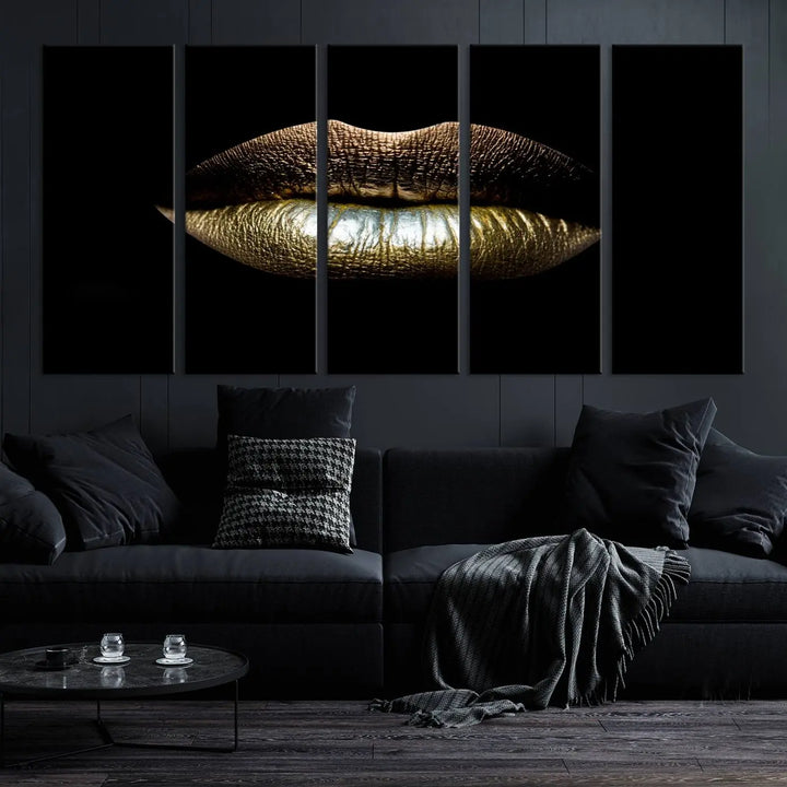 The contemporary living room is enhanced by the eye-catching Gold Lips Makeup Canvas Wall Art Fashion Beauty Canvas Print, presented in three panels.