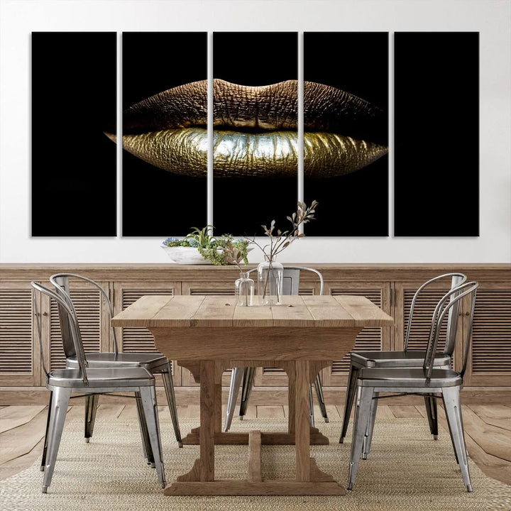 The contemporary living room is enhanced by the eye-catching Gold Lips Makeup Canvas Wall Art Fashion Beauty Canvas Print, presented in three panels.