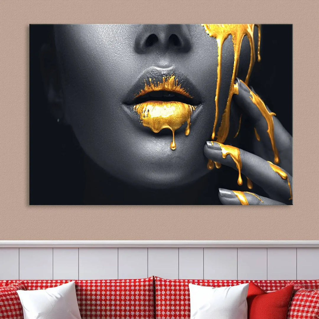 A modern living room featuring the "Gold Lips and Black Woman Makeup Canvas Print" adds a contemporary art style.