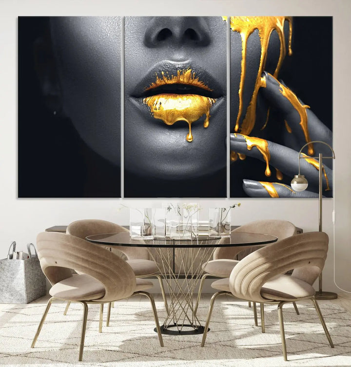 A modern living room featuring the "Gold Lips and Black Woman Makeup Canvas Print" adds a contemporary art style.