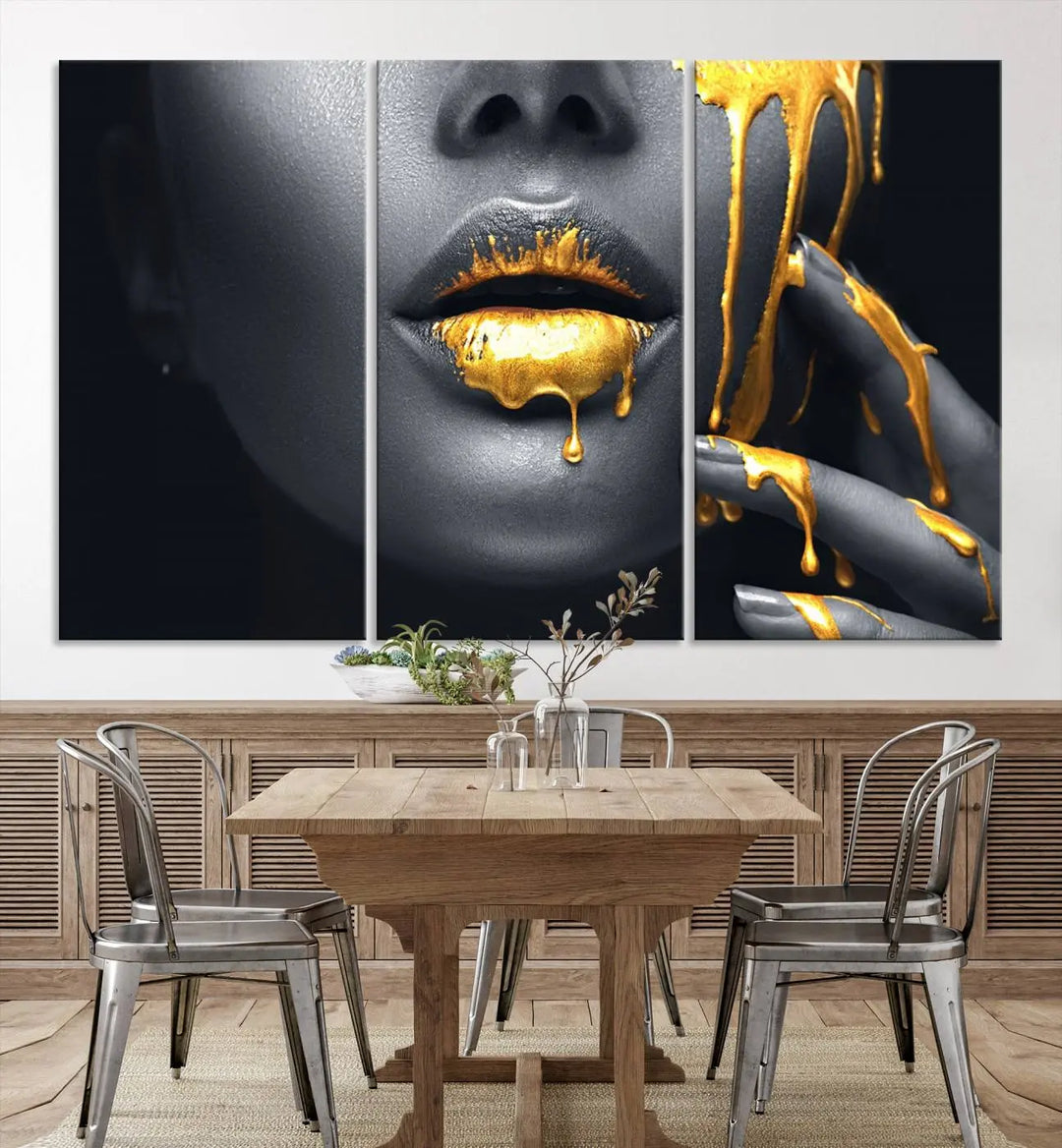 A modern living room featuring the "Gold Lips and Black Woman Makeup Canvas Print" adds a contemporary art style.