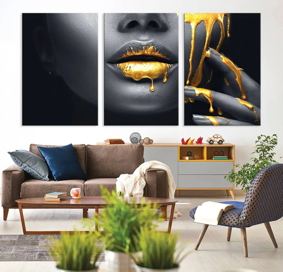 A modern living room featuring the "Gold Lips and Black Woman Makeup Canvas Print" adds a contemporary art style.